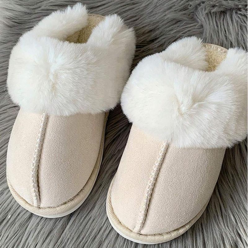 Warm Women's Plush Fleece-Lined Slip-On Moccasin with Fluffy Detail - Non-Slip Winter Home Slippers on Flat Platform Sole  Comfy Memory indoor  shoes Soft Anti-Skid