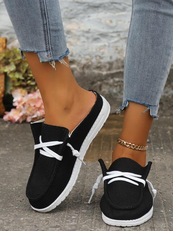 Women's Fashion Plain Color Lace Up Front Slip-on Shoes, Mule Flat Shoes, Casual Versatile Sports Walking Shoes