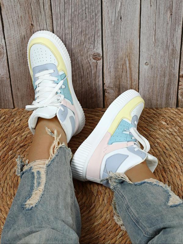 Women's Fashionable Colorblock Lace Up Mid Top Sneakers, Casual Comfortable Breathable Sports Shoes, Female All-match Round Toe Shoes for Daily Wear