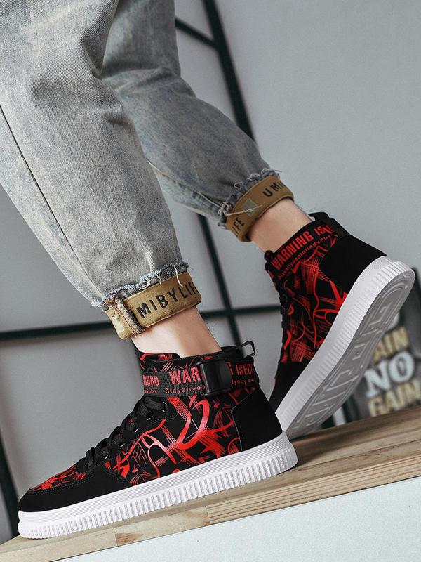 Men's Fashionable Graphic Pattern Lace Up High Top Designer Sneakers, Mens Sneakers, Comfortable Sports Shoes for Daily Wear, Male All-match Round Toe Shoes for Daily Wear Fall Outfits Fall Freshness