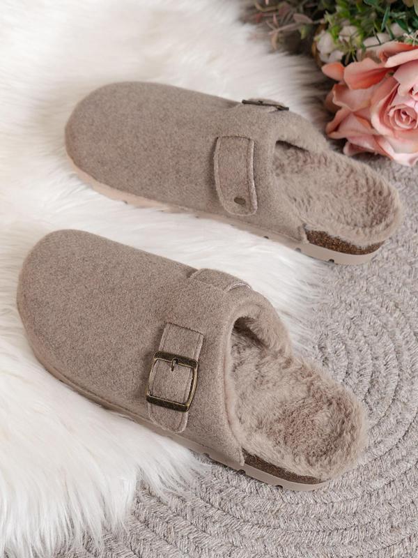 Women's Solid Color Plush Lining Slippers, Casual Comfortable Buckle Design Home Slippers, Fluffy Soft Slippers for Indoor & Outdoor Wear