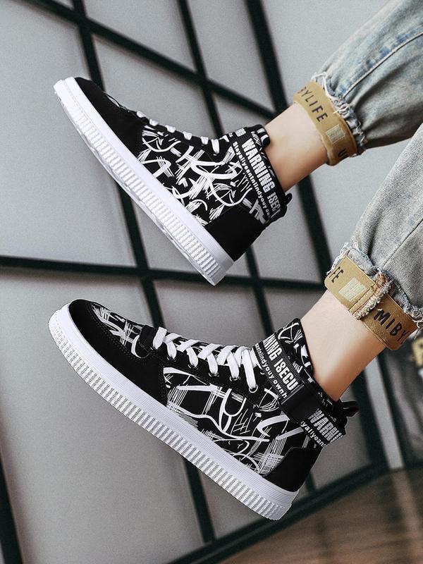 Men's Fashionable Graphic Pattern Lace Up High Top Designer Sneakers, Mens Sneakers, Comfortable Sports Shoes for Daily Wear, Male All-match Round Toe Shoes for Daily Wear Fall Outfits Fall Freshness