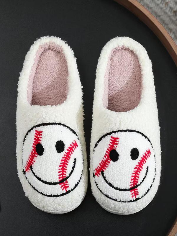 Baseball & Cartoon Smile Face Pattern Slippers, Casual Soft Comfortable Home Slippers for Fall & Winter, Fluffy Non-slip Slippers for Indoor & Outdoor Use