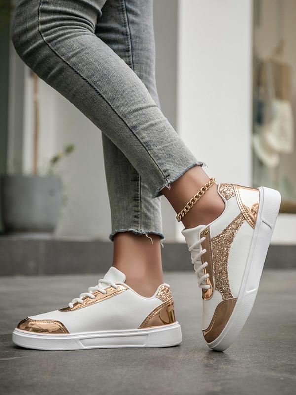 Women's Fashionable Glitter Design Lace Up Low Top Sneakers, 2024 New Style Casual Comfortable Sports Shoes for Daily Wear, Trendy All-match Sneakers for Women & Girls