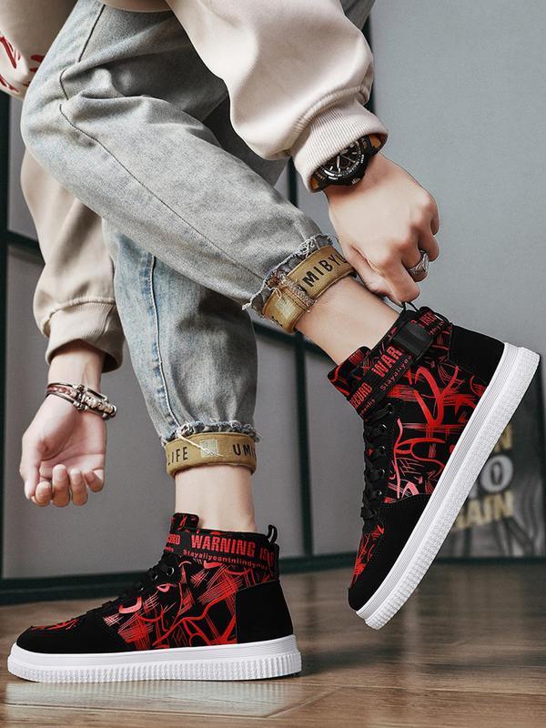 Men's Fashionable Graphic Pattern Lace Up High Top Designer Sneakers, Mens Sneakers, Comfortable Sports Shoes for Daily Wear, Male All-match Round Toe Shoes for Daily Wear Fall Outfits Fall Freshness