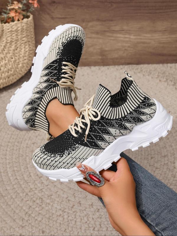 Women's Fashionable Lace Up Low Top Argyle Pattern Sneakers, Casual Breathable Comfortable Sports Running Shoes, All-match Basic Shoes for Daily Wear