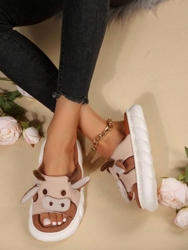 Summer 2024 New Trendy Cow Design Slippers, Casual Novelty Soft Cozy Cute Home Sandals, Fashion House Platform Slippers for Daily Wear, Girl's Comfort Walking Shoes, Back To School Footwear