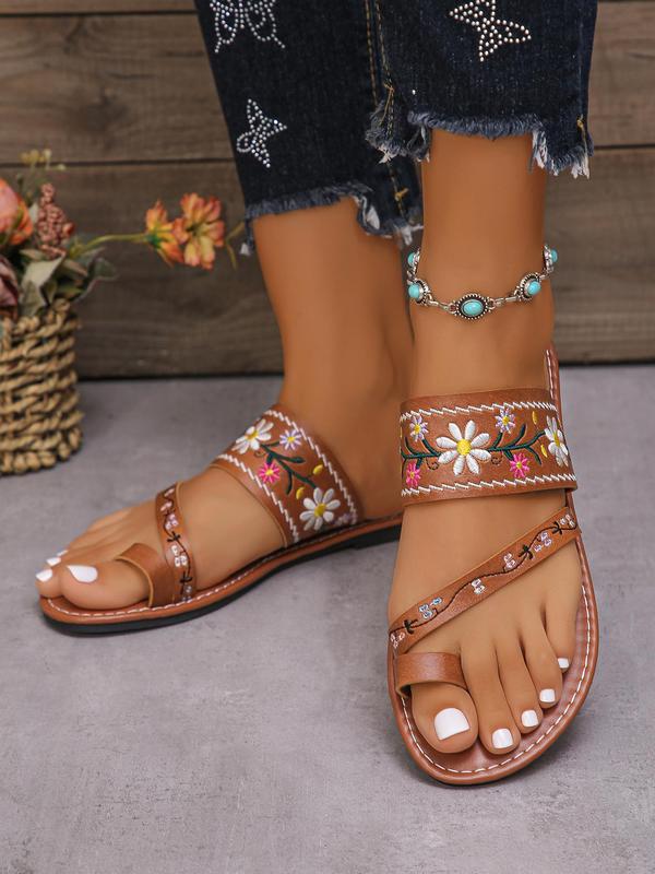 Women's Vintage Embroidered Slip on Sandals, Casual Summer Toe Ring Beach Sandals, Fashionable Flat Sandals, Slippers for Women for Outdoor Beach, 80s Fashion