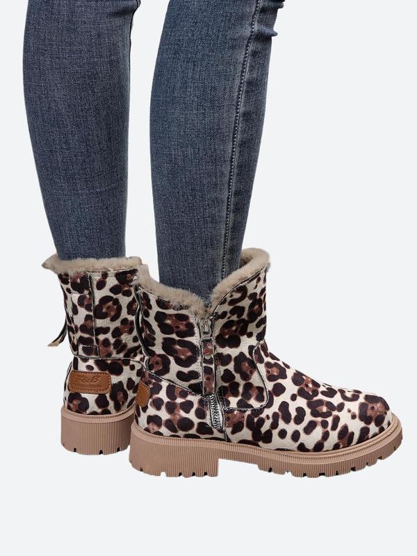  Women's Fashion Leopard Print Zipper Fly Snow Boots, Casual Warm Thick Sole Plush Ankle Boots for Fall & Winter, Female All-match Trendy Shoes for Daily Wear