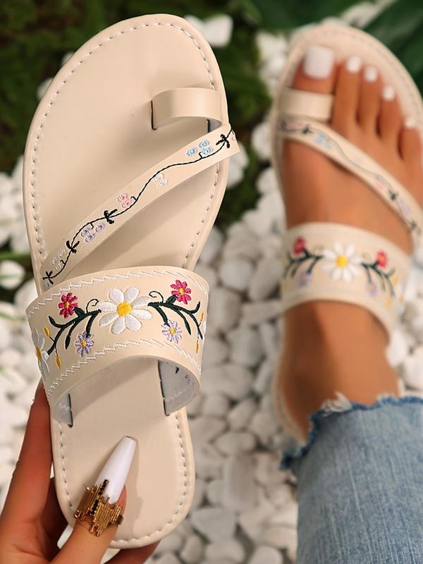 Women's Vintage Embroidered Slip on Sandals, Casual Summer Toe Ring Beach Sandals, Fashionable Flat Sandals, Slippers for Women for Outdoor Beach, 80s Fashion