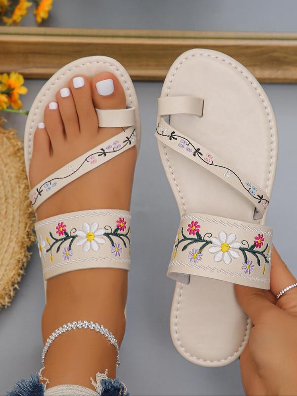 Women's Vintage Embroidered Slip on Sandals, Casual Summer Toe Ring Beach Sandals, Fashionable Flat Sandals, Slippers for Women for Outdoor Beach, 80s Fashion