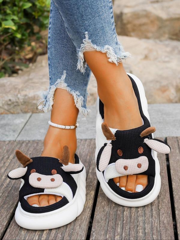 Summer 2024 New Trendy Cow Design Slippers, Casual Novelty Soft Cozy Cute Home Sandals, Fashion House Platform Slippers for Daily Wear, Girl's Comfort Walking Shoes, Back To School Footwear