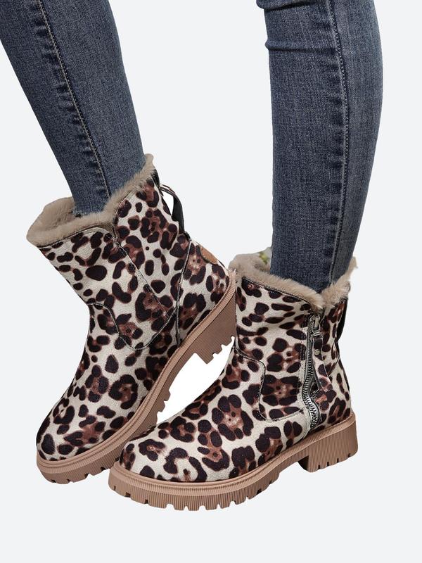  Women's Fashion Leopard Print Zipper Fly Snow Boots, Casual Warm Thick Sole Plush Ankle Boots for Fall & Winter, Female All-match Trendy Shoes for Daily Wear