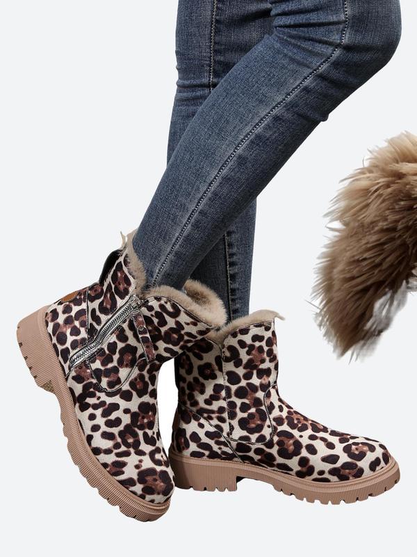  Women's Fashion Leopard Print Zipper Fly Snow Boots, Casual Warm Thick Sole Plush Ankle Boots for Fall & Winter, Female All-match Trendy Shoes for Daily Wear