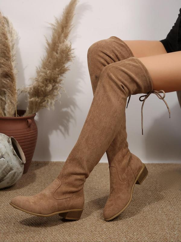 Women's Fashionable Solid Color Bowknot Decor Boots, Casual Comfortable Over-the-Knee Boots for Daily Wear, Female All-match Trend Shoes for Daily Wear