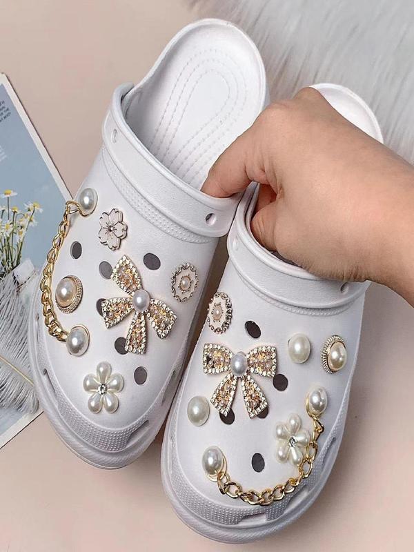 13pcs Cute Rhinestone & Faux Pearl Decorated Shoes Decoration Charms, Flowers & Bow Design Shoes Decoration Charms, Fashionable Shoes Accessories For Clogs