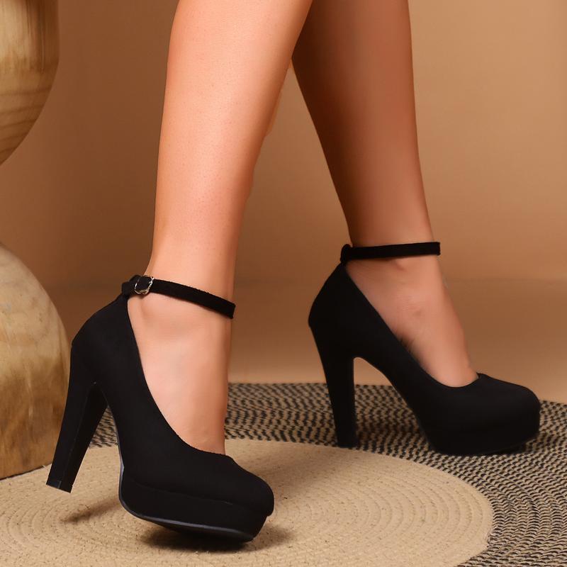 Women's High Heels Thick Heel Shoes Black New Fashion Cross Strap Square Toe Low-Cut Shoes