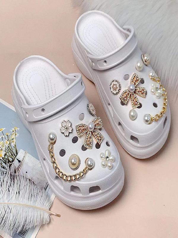 13pcs Cute Rhinestone & Faux Pearl Decorated Shoes Decoration Charms, Flowers & Bow Design Shoes Decoration Charms, Fashionable Shoes Accessories For Clogs