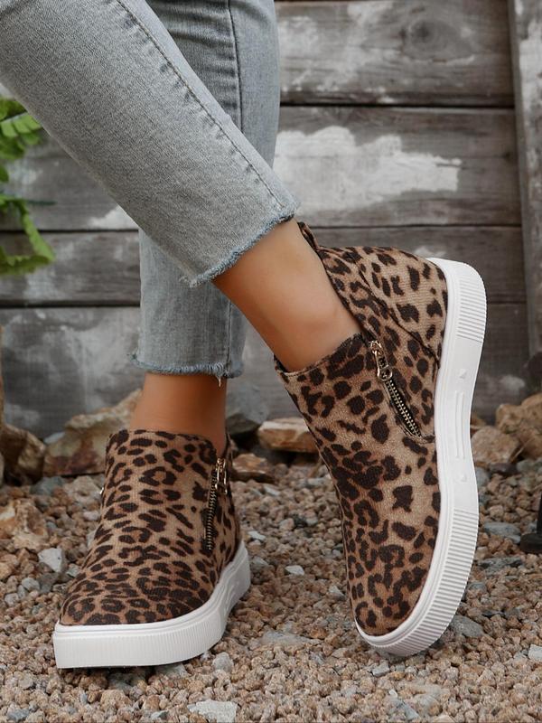 Fashion Leopard Print Zipper Ankle Boots, Casual Comfortable Round Toe Boots for Daily Wear, Female All-match Shoes for Fall & Winter