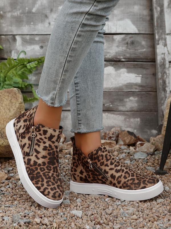 Fashion Leopard Print Zipper Ankle Boots, Casual Comfortable Round Toe Boots for Daily Wear, Female All-match Shoes for Fall & Winter