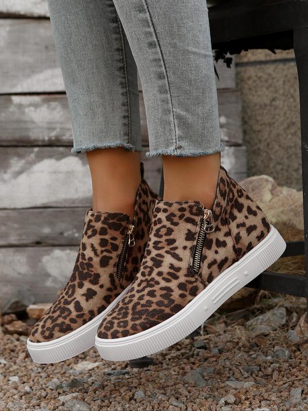 Fashion Leopard Print Zipper Ankle Boots, Casual Comfortable Round Toe Boots for Daily Wear, Female All-match Shoes for Fall & Winter