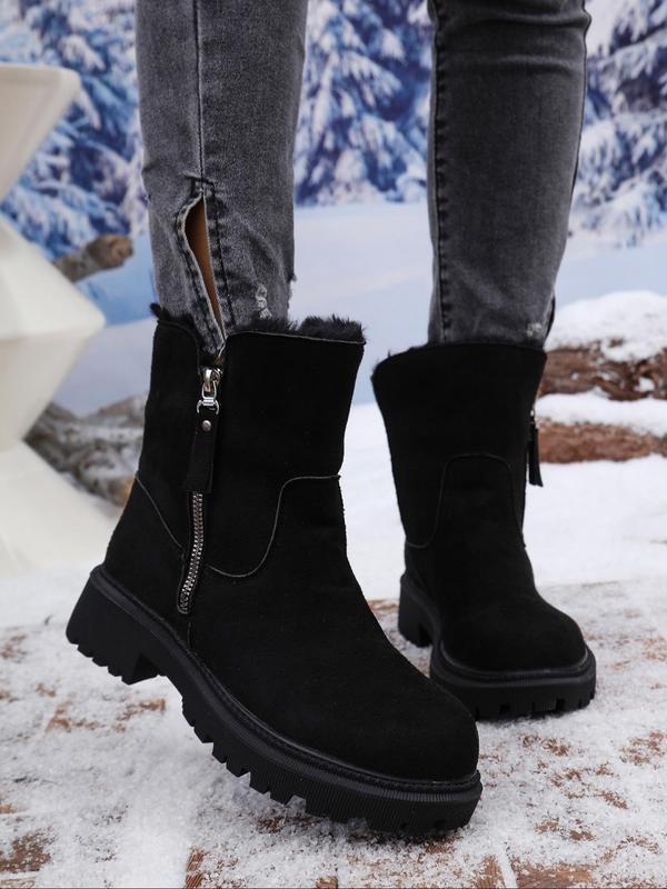 Women's Fashionable Solid Color Zipper Design Ankle Boots, Elegant Warm Plush Lined Boots for Fall & Winter, Female All-match Trendy Shoes for Daily Wear