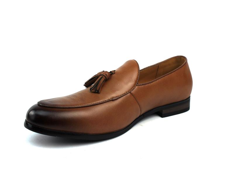 Men's Genuine Leather Cognac Brown Slip On Loafers Dress Shoes With Leather Tassels AZARMAN