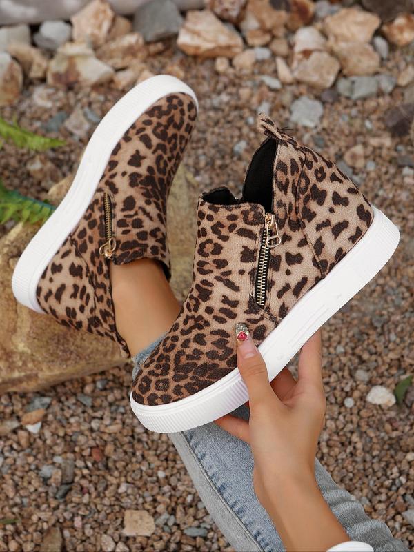 Fashion Leopard Print Zipper Ankle Boots, Casual Comfortable Round Toe Boots for Daily Wear, Female All-match Shoes for Fall & Winter