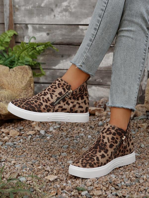 Fashion Leopard Print Zipper Ankle Boots, Casual Comfortable Round Toe Boots for Daily Wear, Female All-match Shoes for Fall & Winter