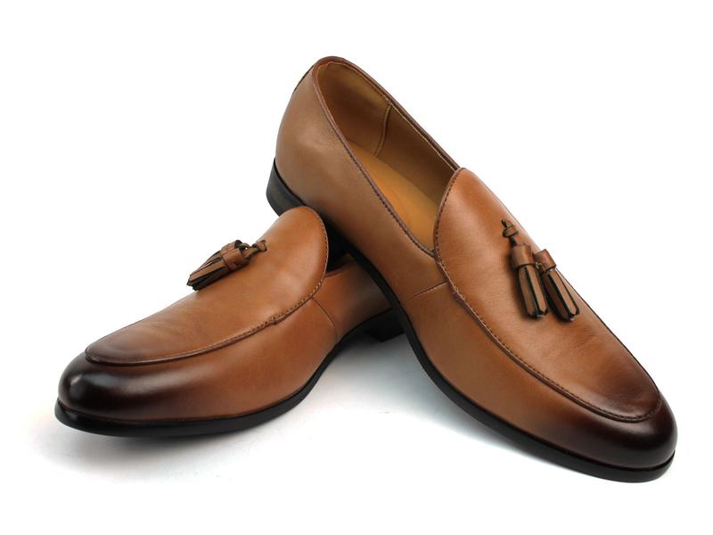 Men's Genuine Leather Cognac Brown Slip On Loafers Dress Shoes With Leather Tassels AZARMAN