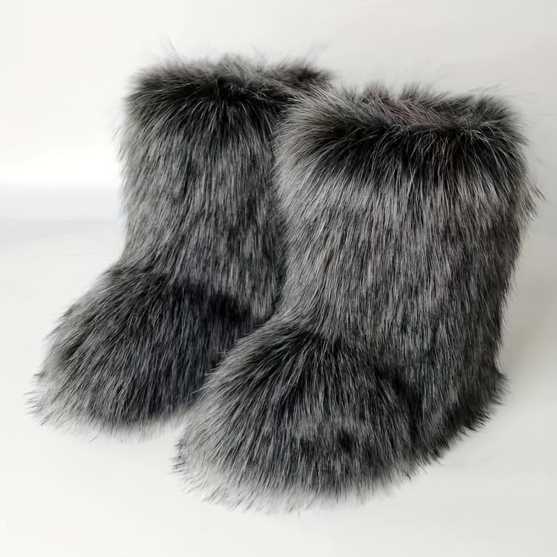 Women's Fluffy Faux Fur Snow Boots, Multicolor Mid-Calf Soft Fuzzy Boots, Winter Plush Warm Fashion Footwear