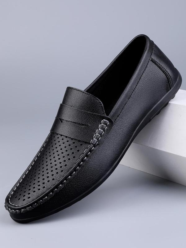 Men's Minimalist Casual Plain Round Toe Slip on Shoes, Business Style Hollow Out Design Lightweight Breathable Flats For Daily Wear