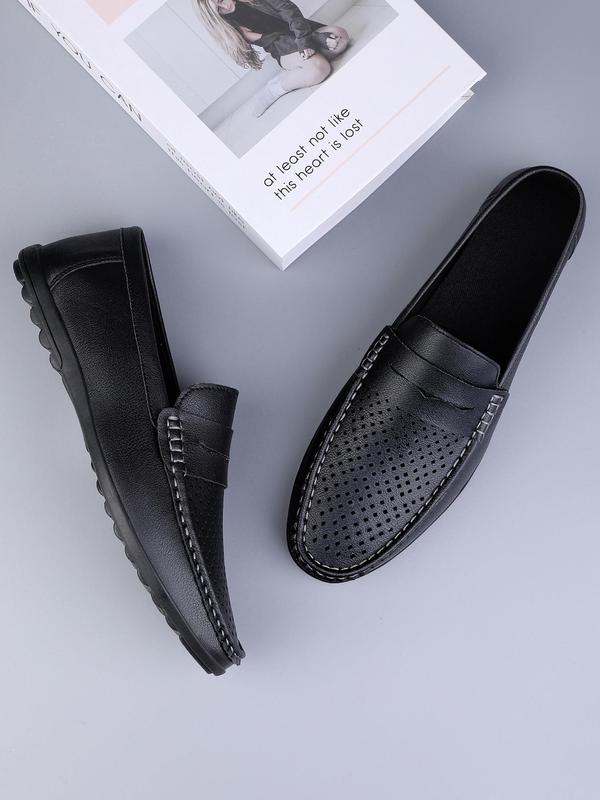 Men's Minimalist Casual Plain Round Toe Slip on Shoes, Business Style Hollow Out Design Lightweight Breathable Flats For Daily Wear