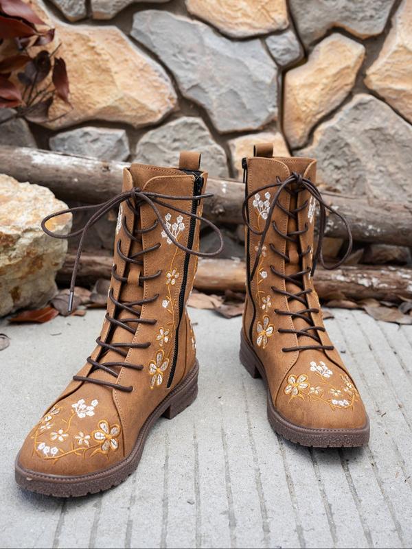 Women's Fashionable Floral Embroidering Design Lace Up Boots, Casual Comfortable Round Toe Boots for Daily Wear, Female All-match Trendy Shoes for Daily Wear