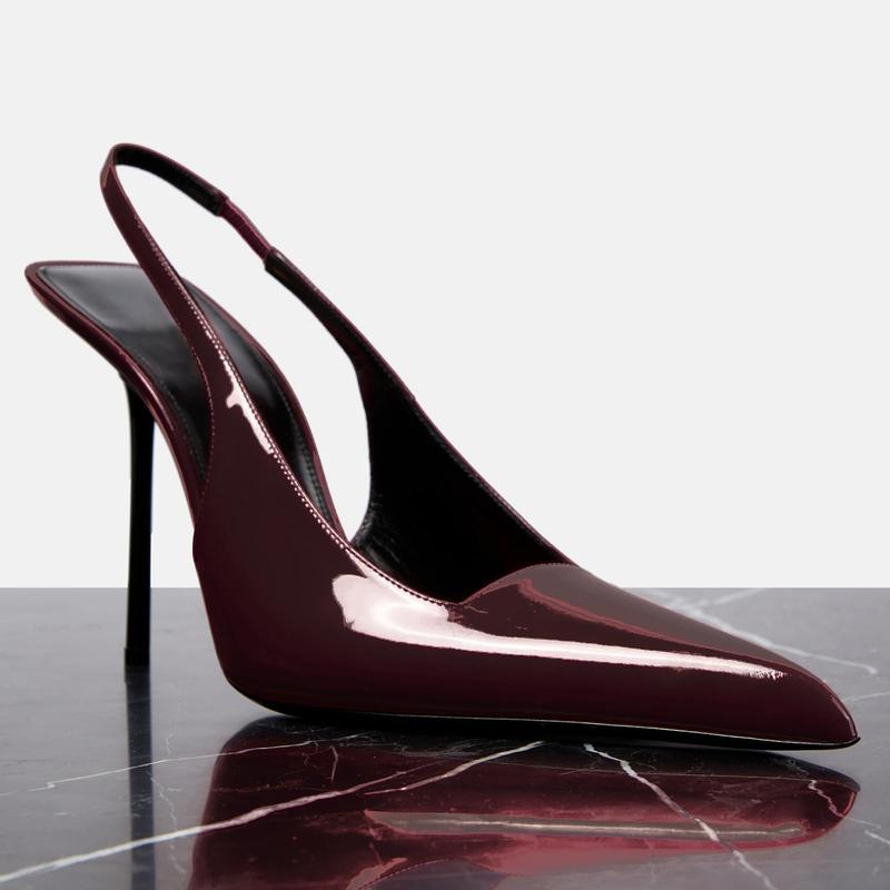 Women's Slingback Stiletto Heels Stretch Strap Slip On Pumps Shoes Pointed Toe Backless Patent Leather Dress High Heels