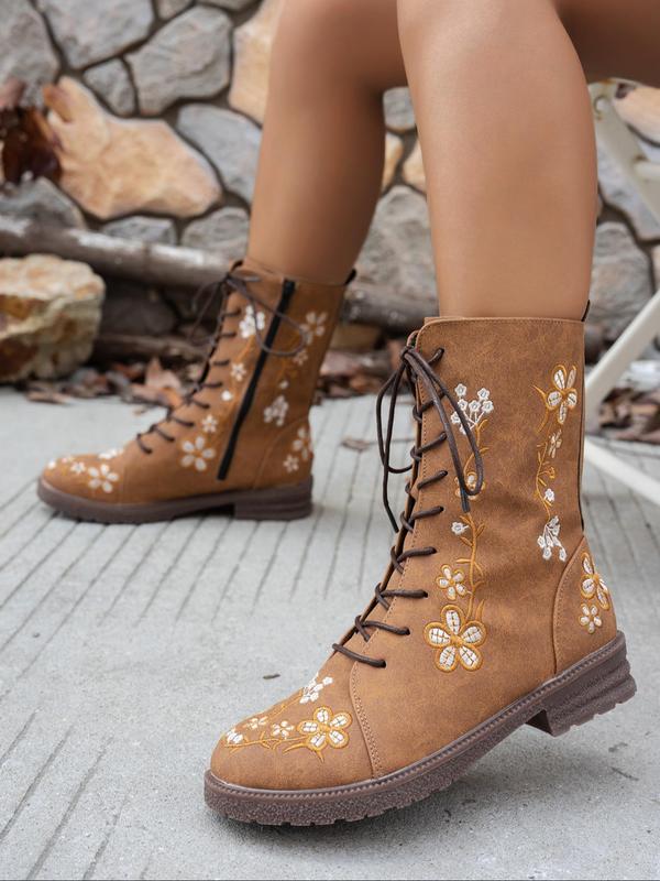 Women's Fashionable Floral Embroidering Design Lace Up Boots, Casual Comfortable Round Toe Boots for Daily Wear, Female All-match Trendy Shoes for Daily Wear