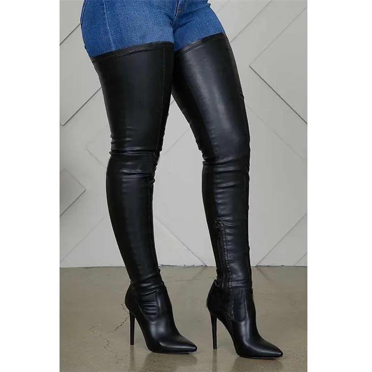 Winter Leather Over Knee Solid Stiletto High Heel Long Boots