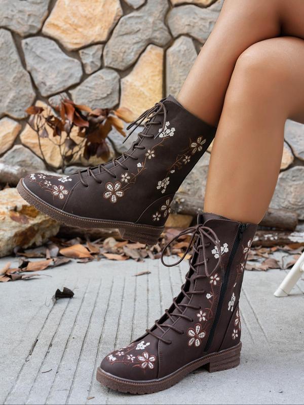 Women's Fashionable Floral Embroidering Design Lace Up Boots, Casual Comfortable Round Toe Boots for Daily Wear, Female All-match Trendy Shoes for Daily Wear