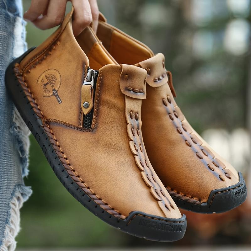 Men's Ankle Boots Leather Casual Loafers, Men's Boots Hand-Stitched Outdoor Work Shoes