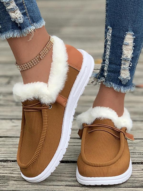 Women's Solid Color Fluffy Lined Slip on Sports Walking Shoes, Casual Comfortable Warm Indoor Outdoor Sports Shoes, Female Round Toe Sports Walking Shoes for Fall & Winter