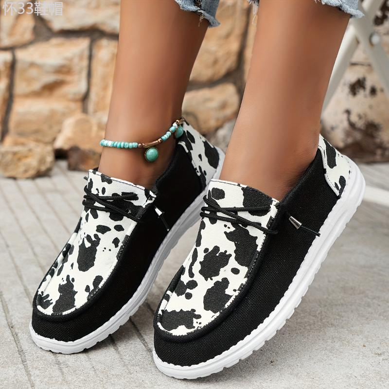 Women's Cow Print Canvas Slip-On Loafers, Breathable Low-Top Walking Shoes Footwear Girl