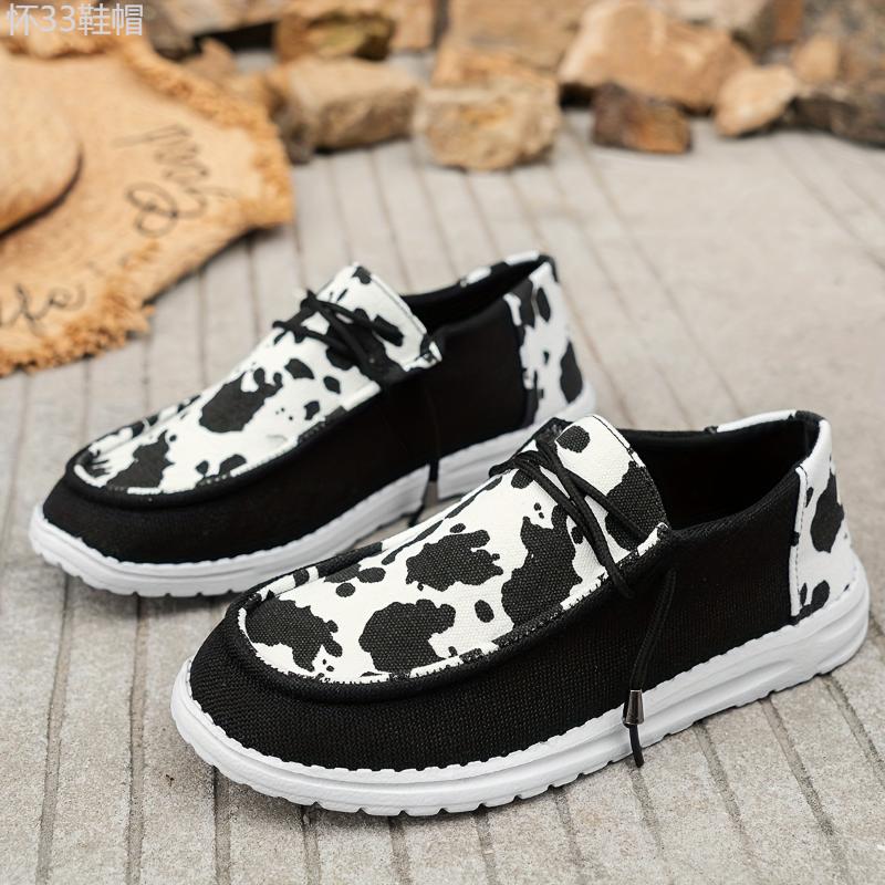 Women's Cow Print Canvas Slip-On Loafers, Breathable Low-Top Walking Shoes Footwear Girl