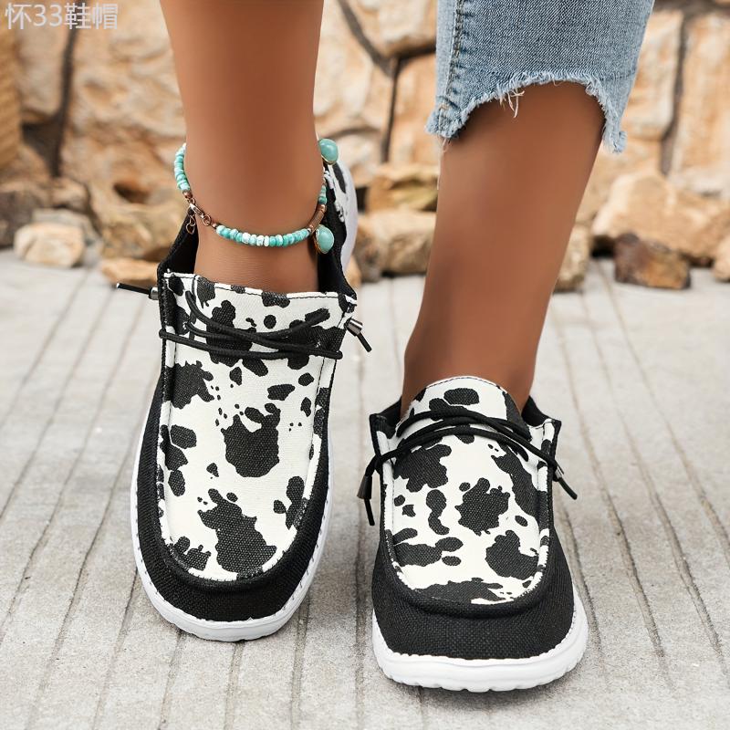 Women's Cow Print Canvas Slip-On Loafers, Breathable Low-Top Walking Shoes Footwear Girl