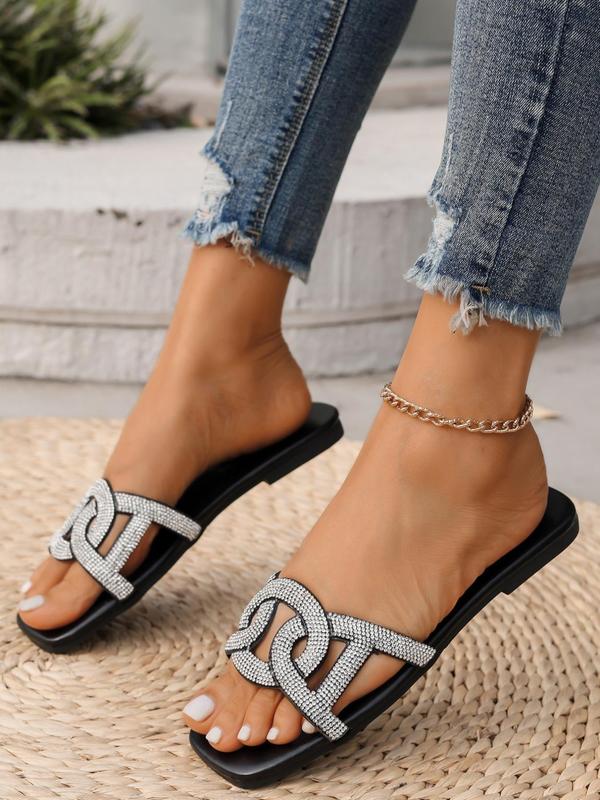 Women's Fashionable Rhinestone Decorated Slip on Sandals, Casual Comfortable Square Toe Flat Sandals for Summer, Lightweight Breathable Shoes for Daily Wear