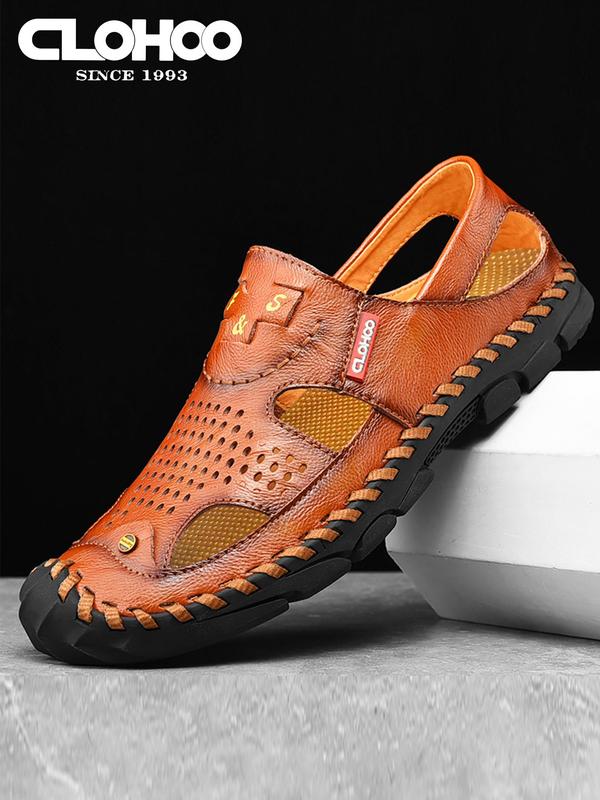 CLOHOO Men's Casual Hollow Out Design Slip on Sandals, Breathable Comfortable Split Leather Sandals, Fashionable Shoes for Beach Summer