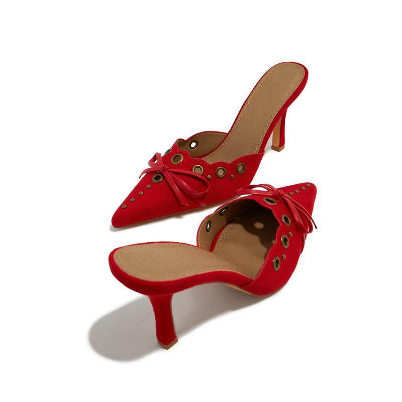 Jasmyn Mid Heel Mule Pumps - Red