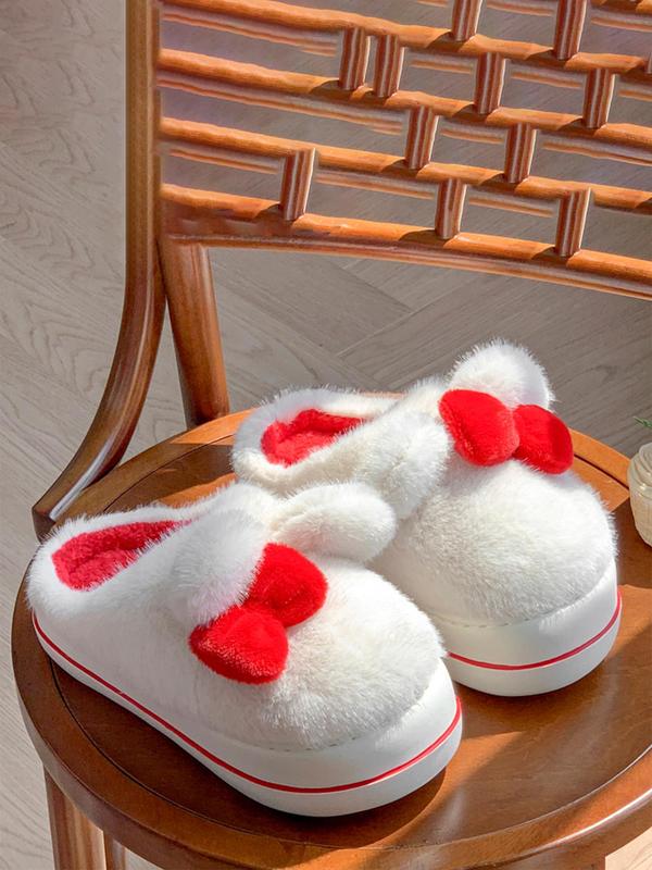 Women's Cute Bowknot Design Anti-slip Plush Bedroom Slippers, Casual Soft Comfortable Home Slippers, Warm Slippers for Indoor & Outdoor Use for Winter