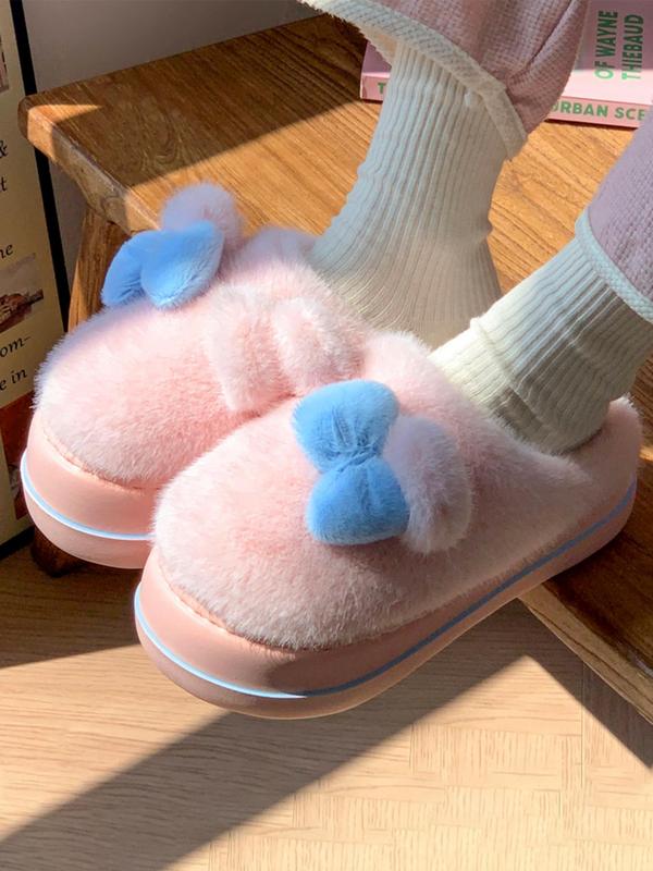 Women's Cute Bowknot Design Anti-slip Plush Bedroom Slippers, Casual Soft Comfortable Home Slippers, Warm Slippers for Indoor & Outdoor Use for Winter