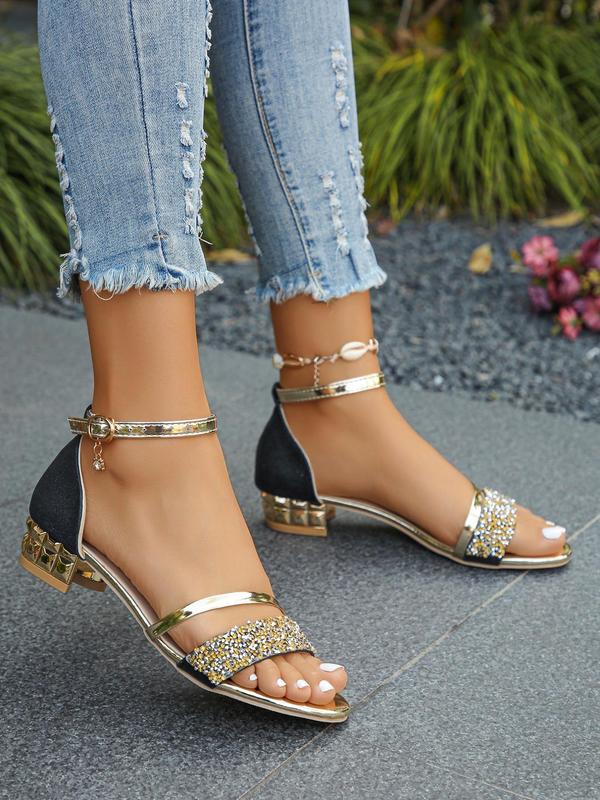 Women's Fashionable Rhinestone Decorated Buckle Strap Sandals, Casual and Versatile Sandals for Women 2024 Summer, Lightweight Breathable Comfortable Shoes for Daily Wear