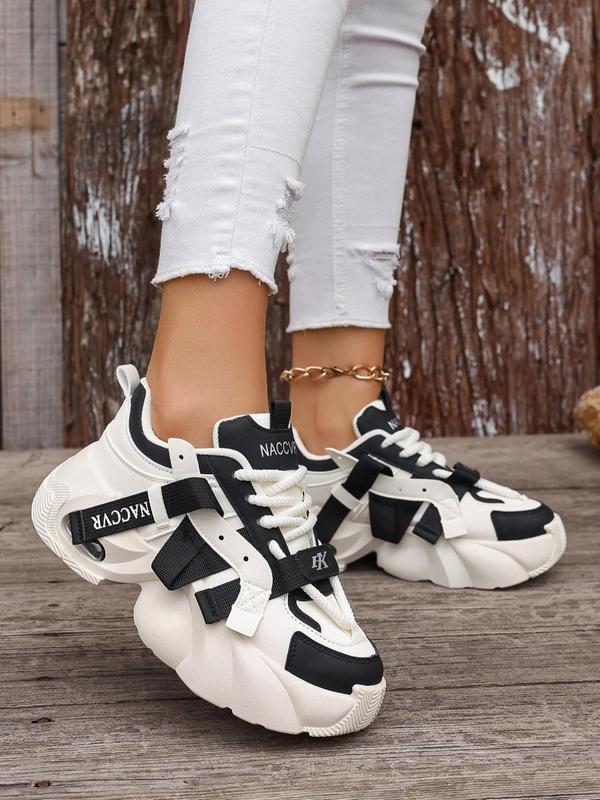 Women's Fashionable Patchwork Lace Up Low Top Sneakers, Casual Comfortable Wedge Sneakers for Daily Wear, Perfect for Students for Outdoor Sports